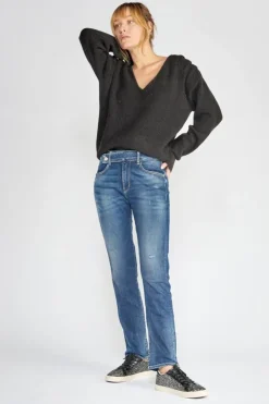 Femme Le Temps des Cerises Coupe Regular-Basic 400/17 Mom Taille Haute 7/8Eme Jeans Destroy Bleu N°2