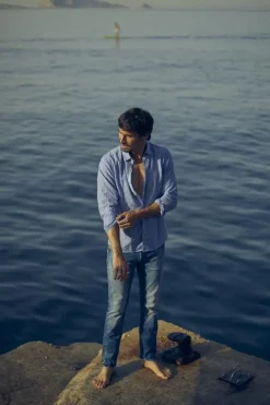 Homme Le Temps des Cerises Chemises-Chemise Bolko En Lin Melange Bleu Ciel