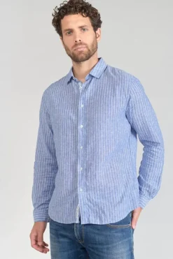 Homme Le Temps des Cerises Chemises-Chemise Bolko En Lin Melange Bleu Ciel