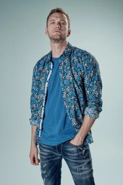 Homme Le Temps des Cerises Chemises-Chemise Griba A Motif Fleuri Bleu