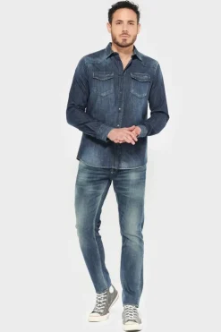 Homme Le Temps des Cerises Chemises Et Vestes-Chemise Juanito En Jeans Bleu