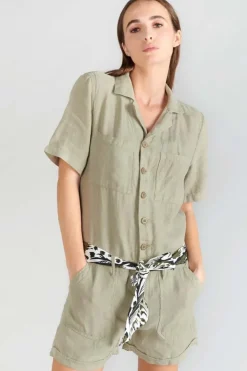 Femme Le Temps des Cerises Combinaisons-Combi-Short Barasse En Lin Kaki Clair