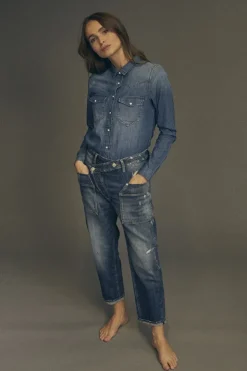 Femme Le Temps des Cerises Coupe Boyfit-Cosy Pocket Boyfit 7/8Eme Jeans Destroy Bleu N°2