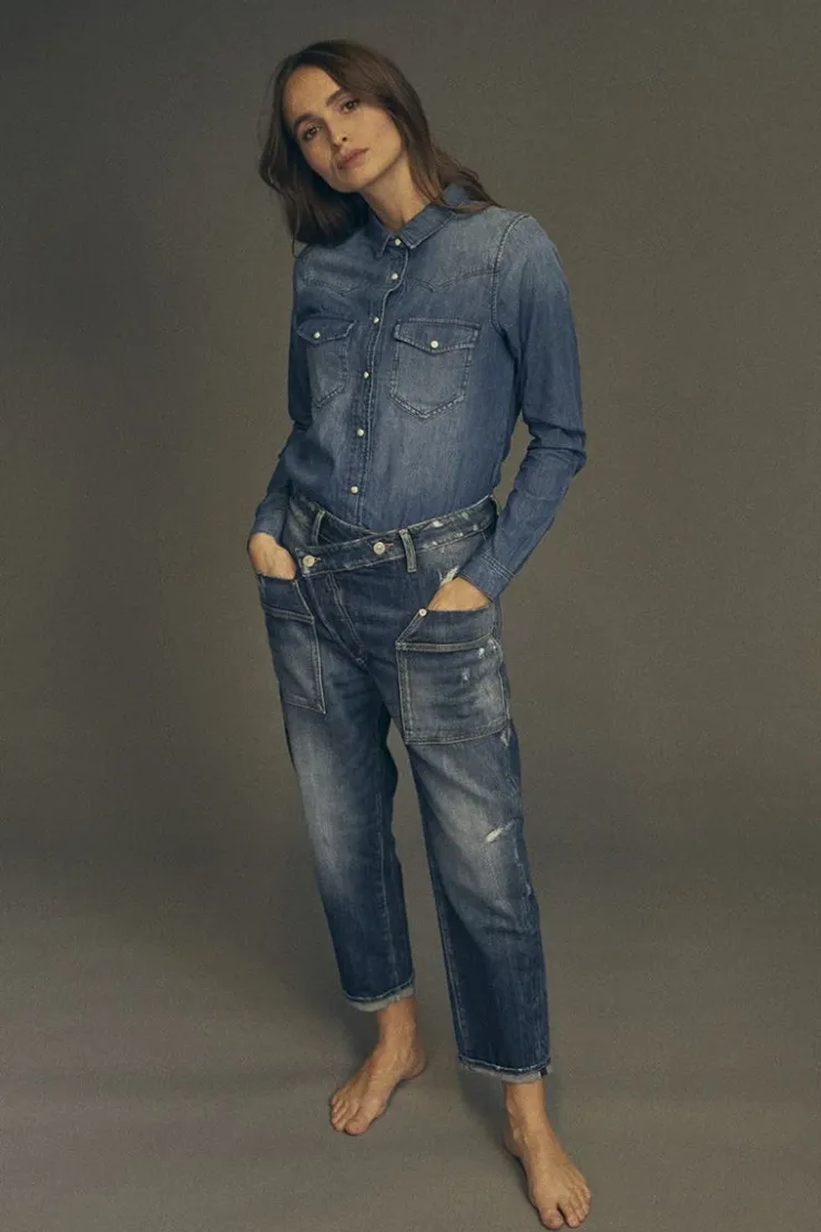 Femme Le Temps des Cerises Coupe Boyfit-Cosy Pocket Boyfit 7/8Eme Jeans Destroy Bleu N°2