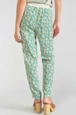 Femme Le Temps des Cerises Pantalons & Chinos-Pantalon Rani A Motif Fleuri Vert Et Bleu