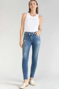Femme Le Temps des Cerises Coupe Skinny-Power Skinny Taille Haute 7/8Eme Jeans Destroy Bleu N°2
