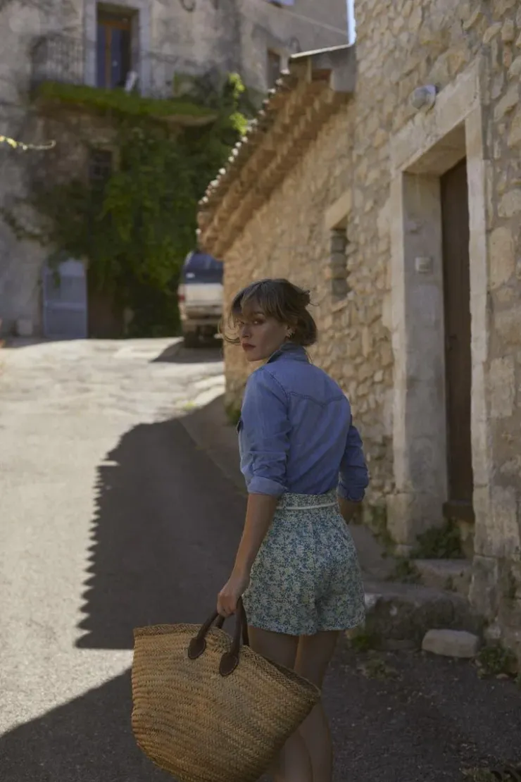 Femme Le Temps des Cerises Shorts & Jupes-Short Lamet A Motif Fleuri Vert Et Bleu