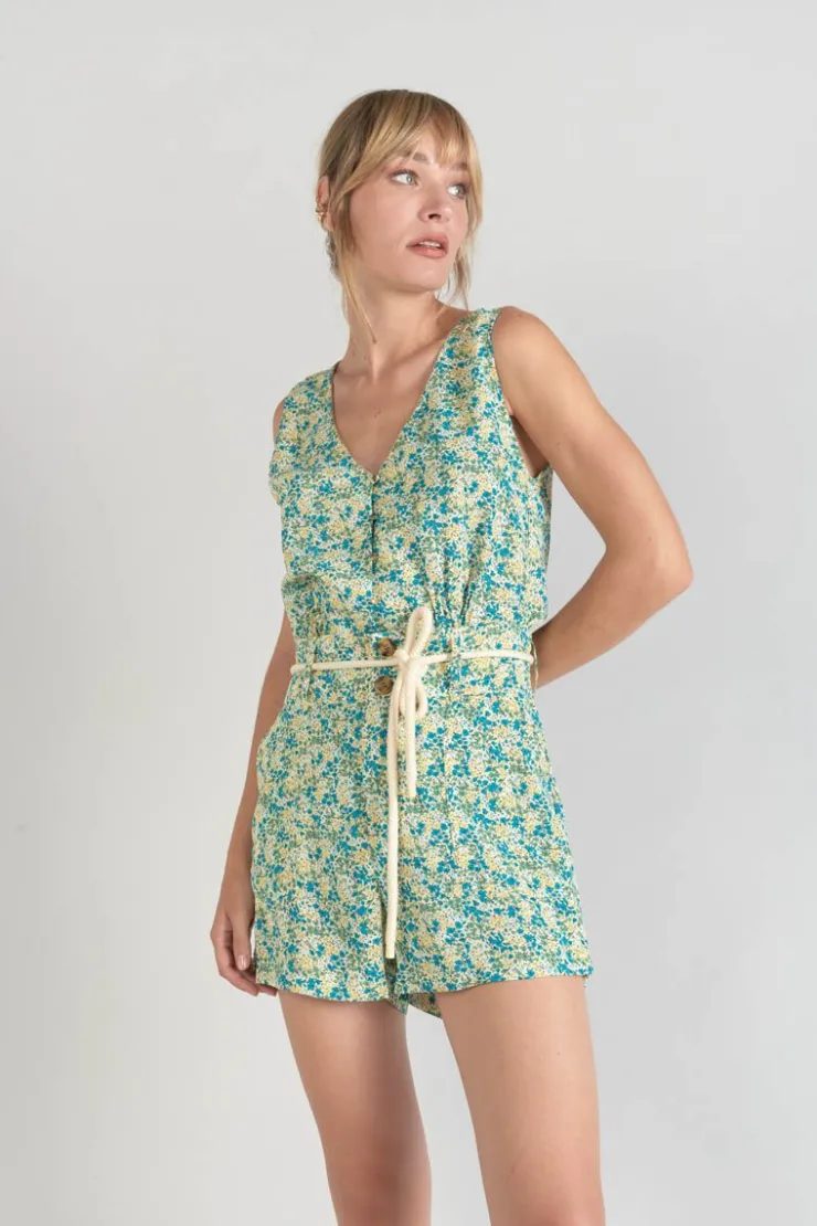 Femme Le Temps des Cerises Shorts & Jupes-Short Lamet A Motif Fleuri Vert Et Bleu