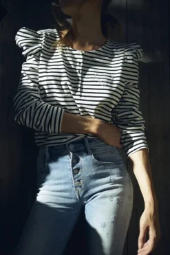 Femme Le Temps des Cerises T-Shirts & Débardeurs-Top Demi A Rayures Noires Et Blanches