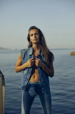 Femme Le Temps des Cerises Chemises Et Vestes-Veste Sans Manches Galinat En Jeans Bleu