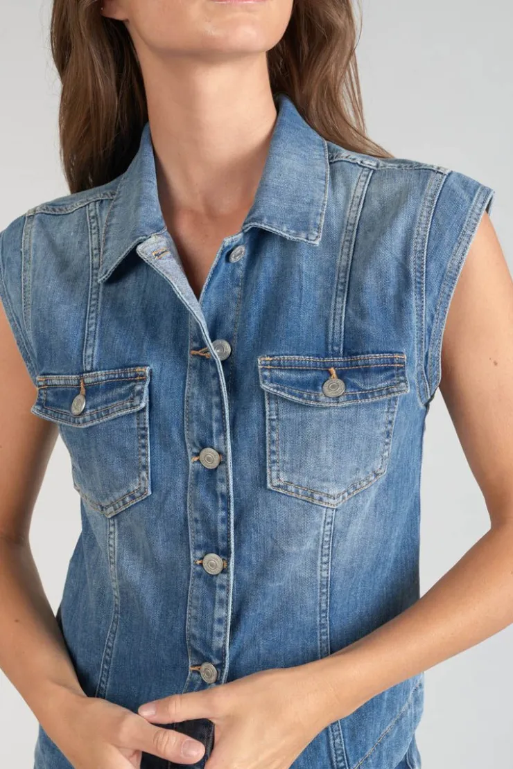 Femme Le Temps des Cerises Chemises Et Vestes-Veste Sans Manches Galinat En Jeans Bleu