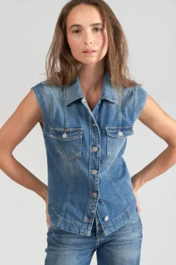 Femme Le Temps des Cerises Chemises Et Vestes-Veste Sans Manches Galinat En Jeans Bleu